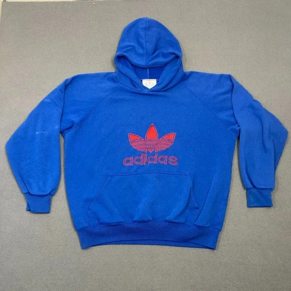 Vintage Adidas Trefoil Hoodie Mens Large Blue Red Embroidered Pullover READ - Picture 1 of 11